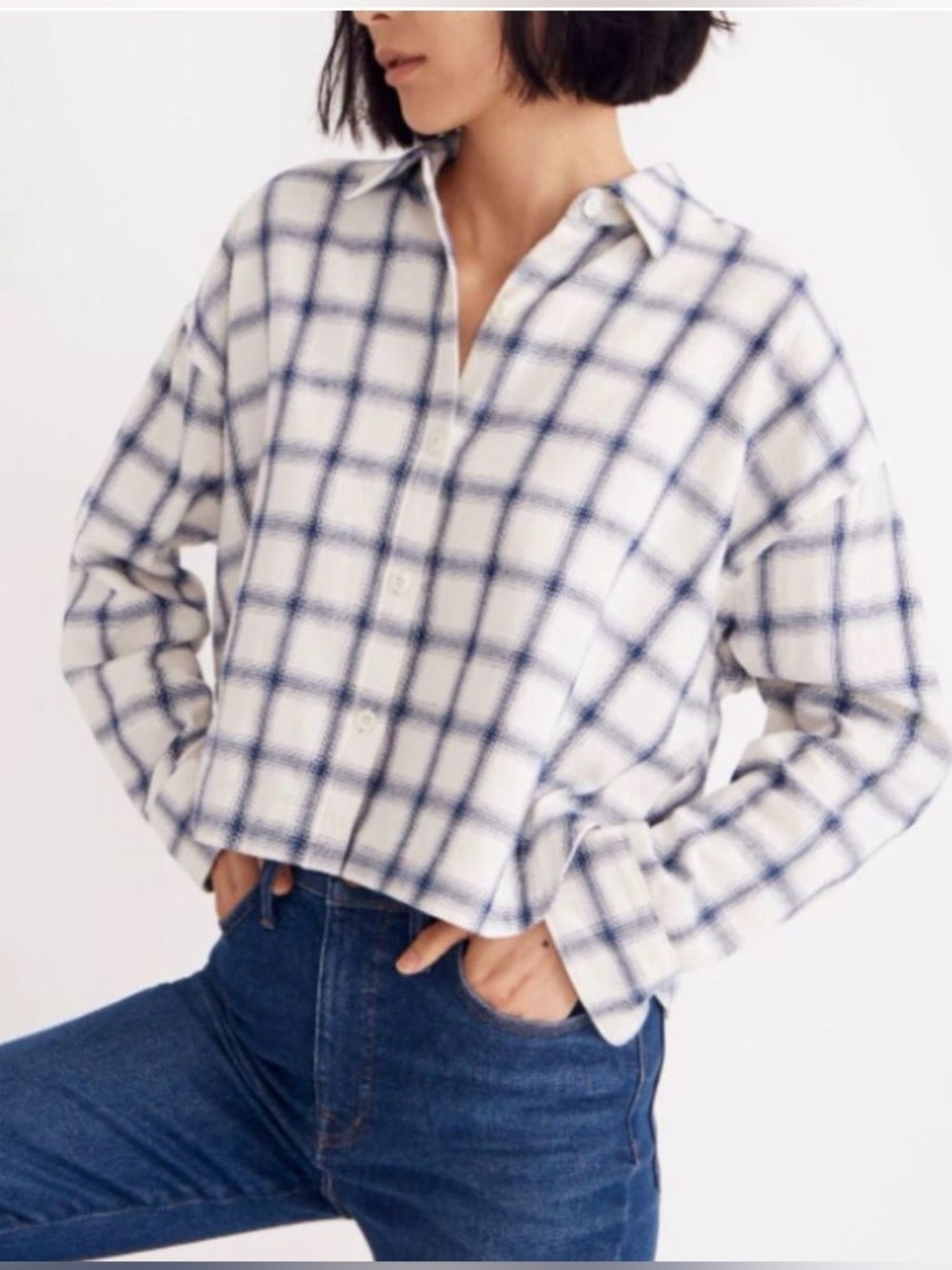 Madewell Flannel Hartfield Cropped Windowpane Royal Button Up Shirt Women XXL